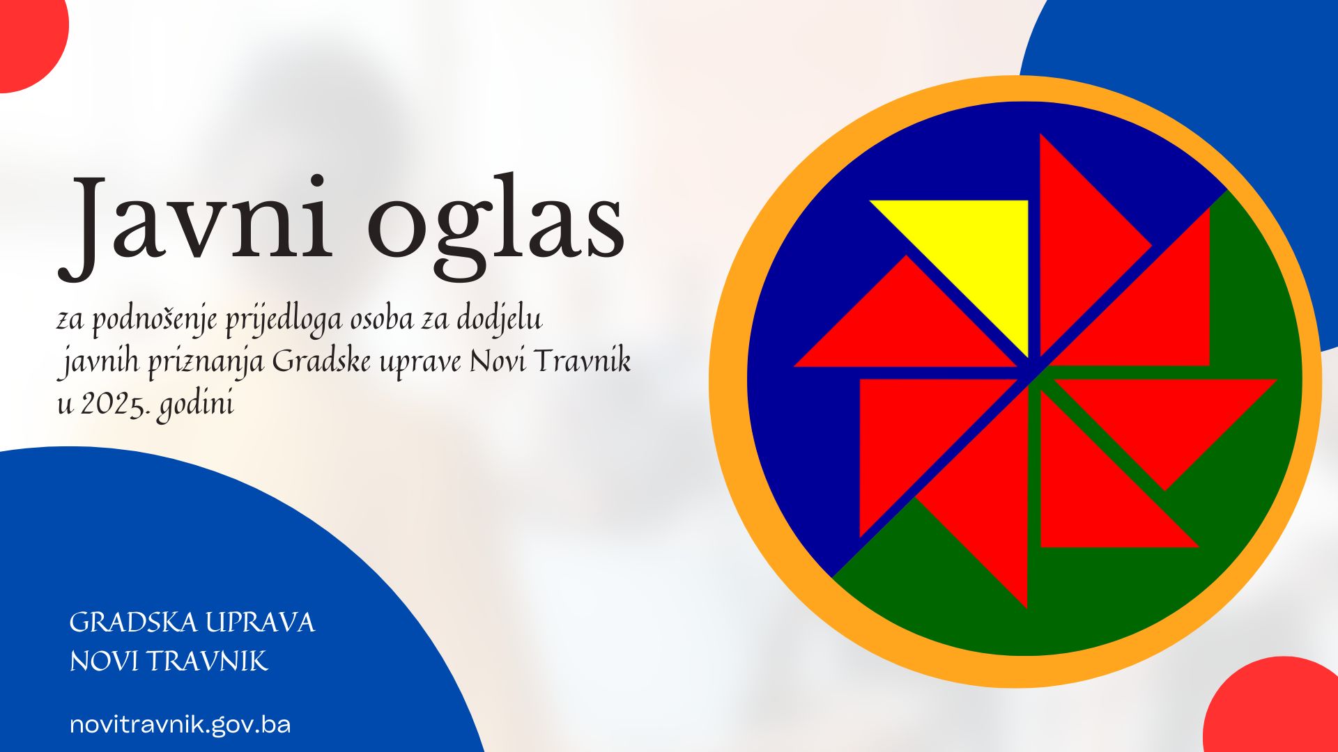 Javni oglas za podnošenje prijedloga osoba za dodjelu javnih priznanja Gradske uprave Novi Travnik u 2025. godini