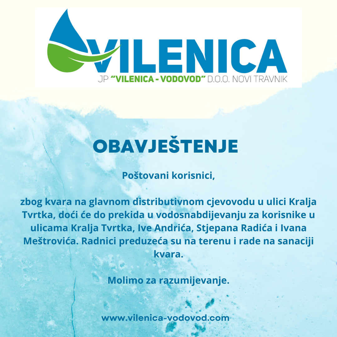 Obavještenje iz JP “Vilenica-Vodovod” za 23. prosinca 