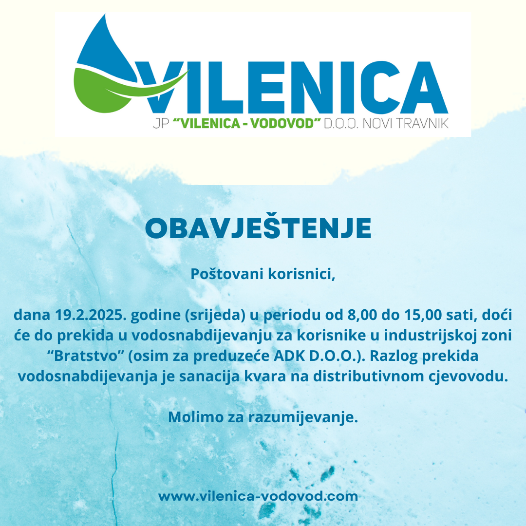Obavještenje iz JP “Vilenica-Vodovod” za 19. 2.